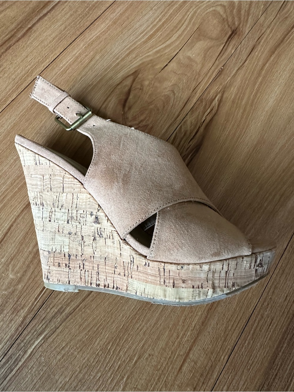 Chinese Laundry Tan Suede Cork Platform Wedge Peep Toe Sandal Size 6.5